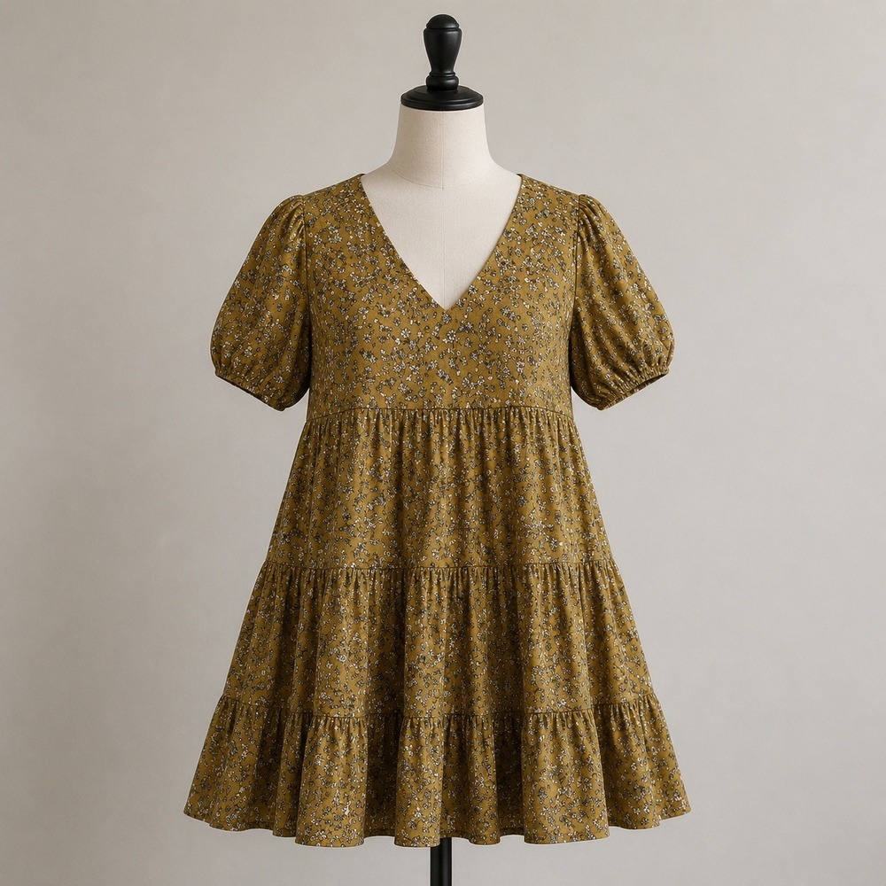 French Grey Mustard Floral Tiered Babydoll Mini Dress Prairiecore Medium‎ Boho